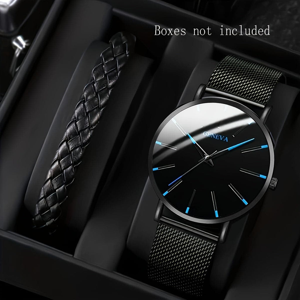 2-Piece Black Round Quartz Unisex Watch Set – PU Leather Strap & Bracelet